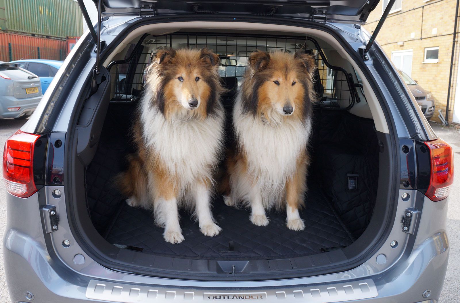 Ben and Charlie modelling their new Mitsubishi Outlander PHEV boot liner  